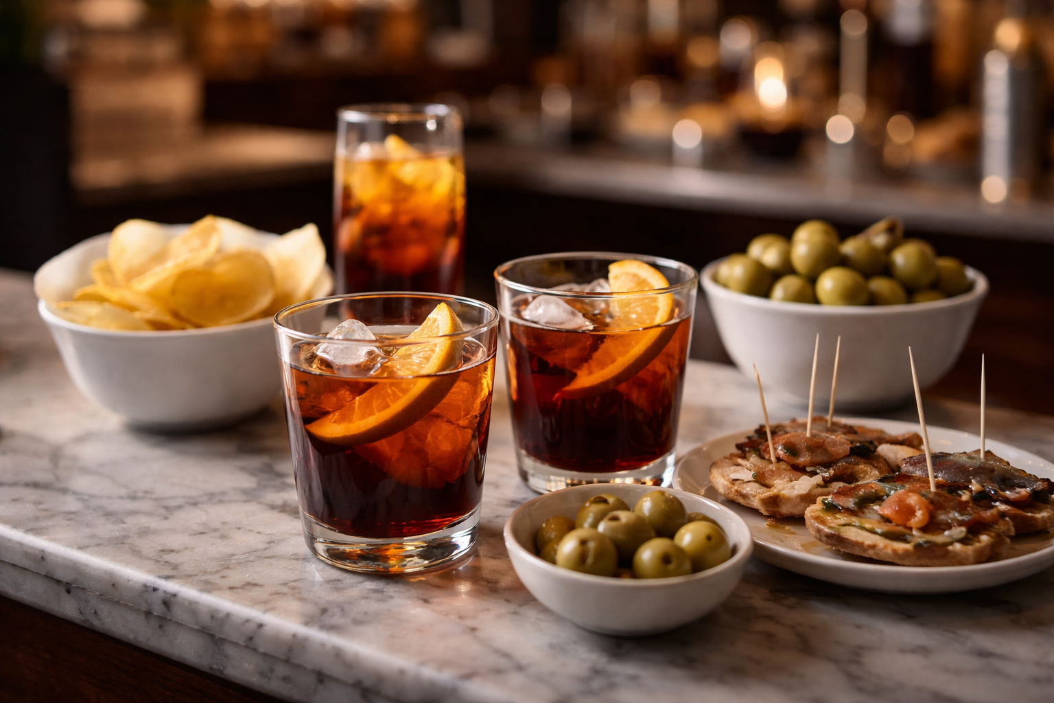 Aperitivo con vermut, aceitunas y tapas en barra de mármol