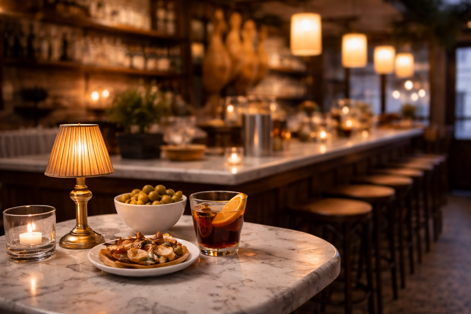 Ambiente cálido y elegante en la zona de barra de La Favorita