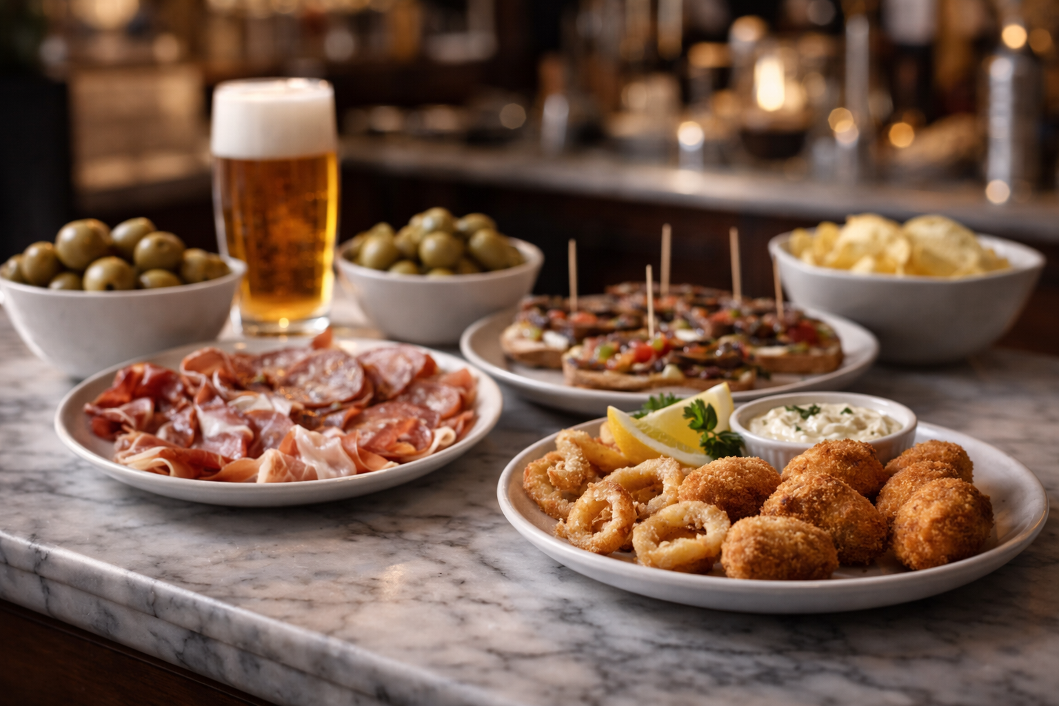 Tapas variadas servidas en un ambiente cálido y acogedor