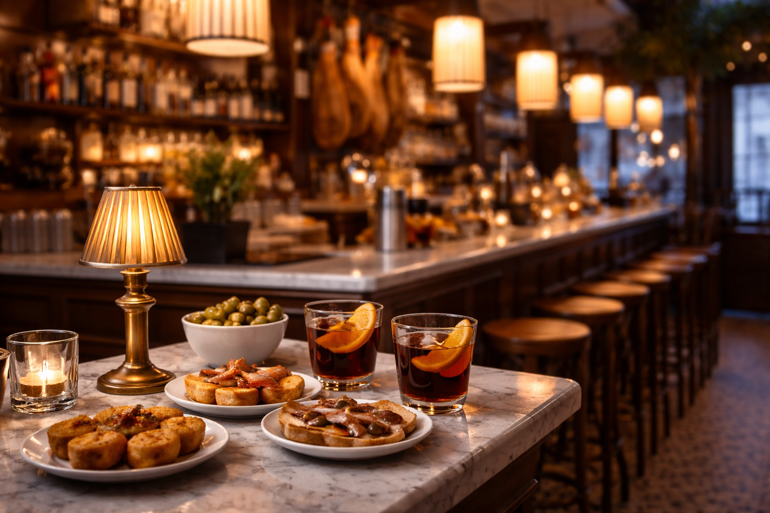 Ambiente cálido con tapas y vermut al atardecer en una vermutería